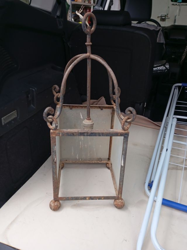 Lampara antigua forja metal y cristal