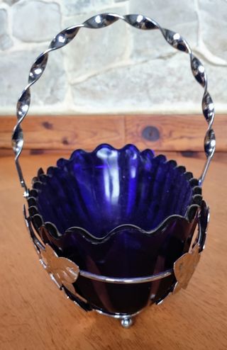 Frutero azul vintage cristal y metal
