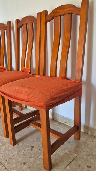 6 sillas madera - marrón con cojines naranja
