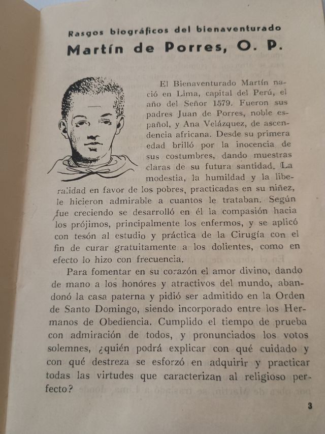 Folleto antiguo. Novena al Beato Martín de Porres