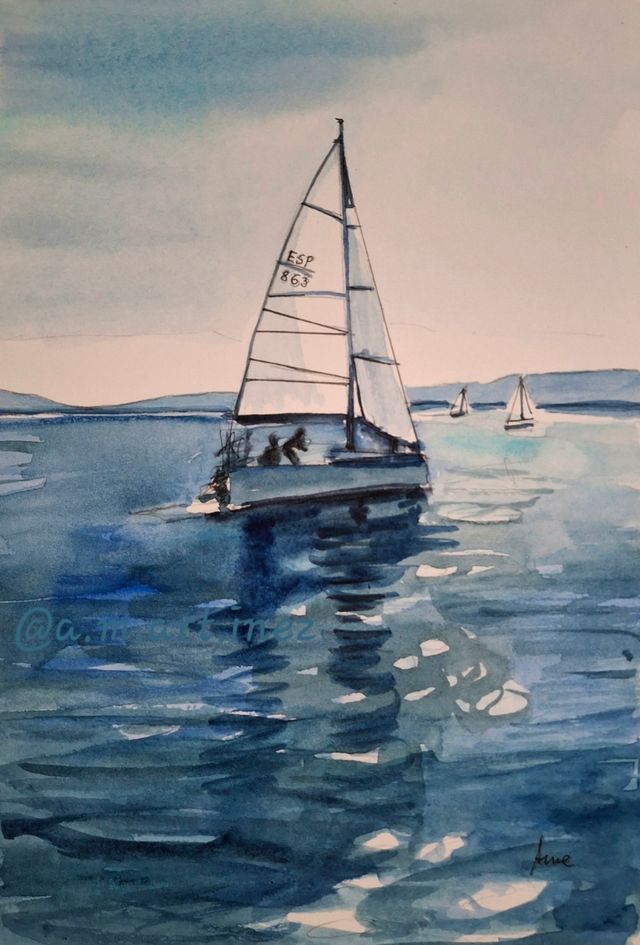 Acuarela original: velero azul