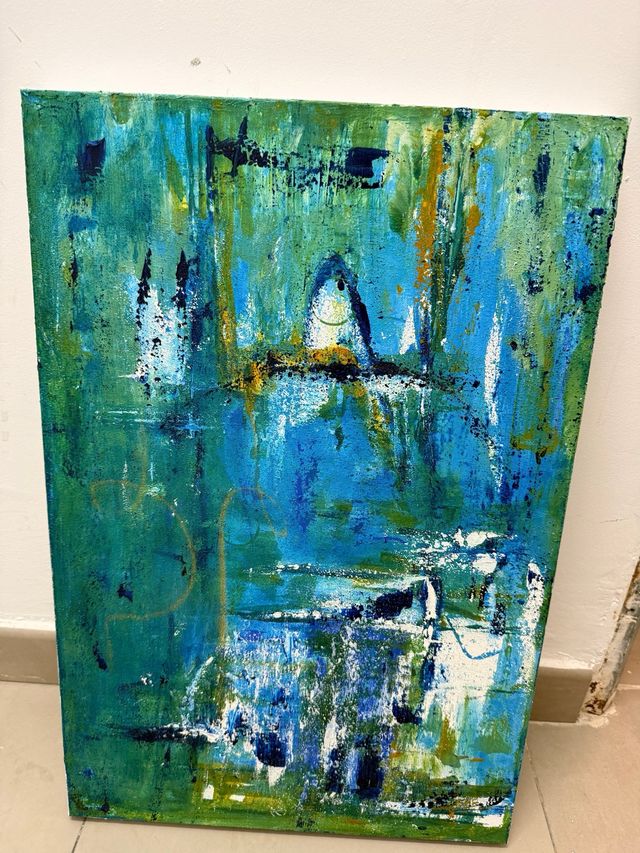 Cuadro abstracto azul y verde 40x60. pintado a man