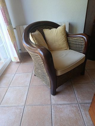 Sofá y sillón rafia y madera caoba