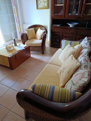 Sofá y sillón rafia y madera caoba