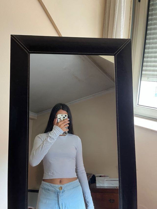 Top manga larga blanco-azul claro