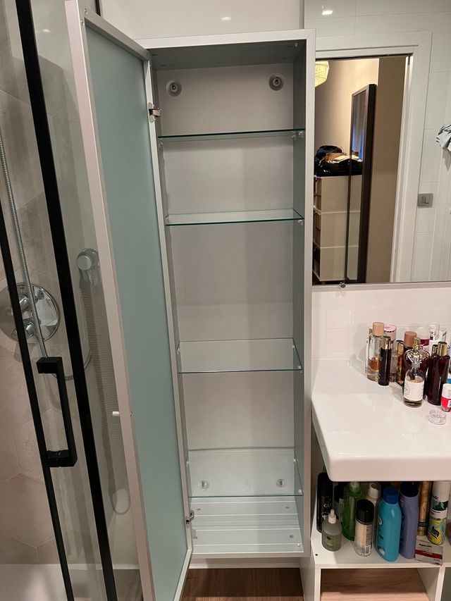 Estantería baño gris metal con puerta de cristal