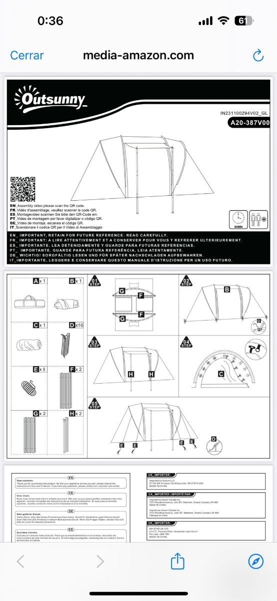 Tienda Outsunny 6 pers. Azul-Blanco con caja .