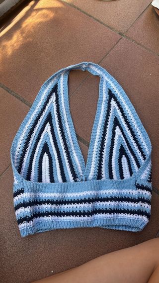 Top Veraniego Crochet Rayas Azul Blanco