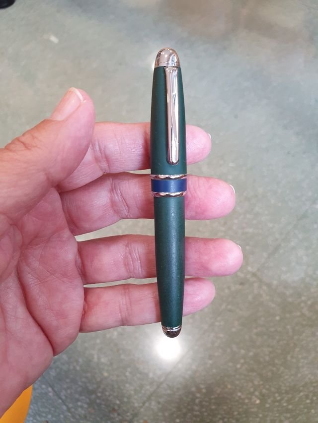 Pluma estilográfica verde y azul con detalles plat