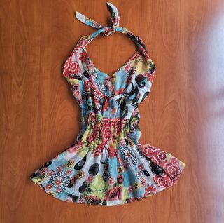 Blusa top halter azul rojo M Desigual 