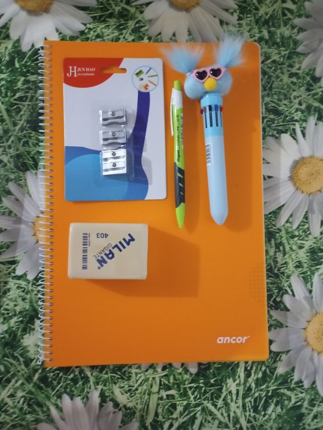 Pack material escolar: libreta, bolígrafo, goma y