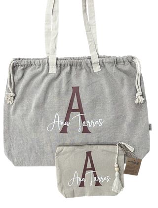 Bolso Saco Beige con Estampado inicial con nombre