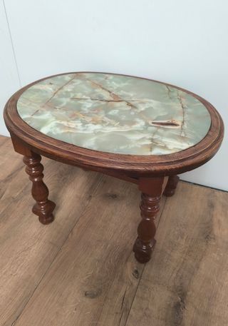 MESA BAJA CENTRO AUXILIAR ANTIGUA MADERA Y MARMOL 