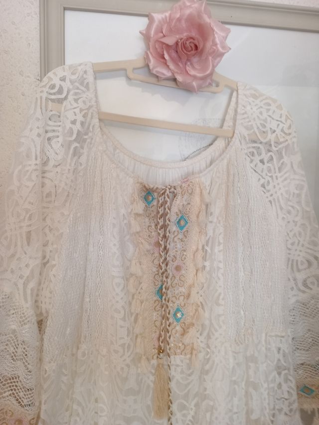Vestido Boho encaje blanco y beige