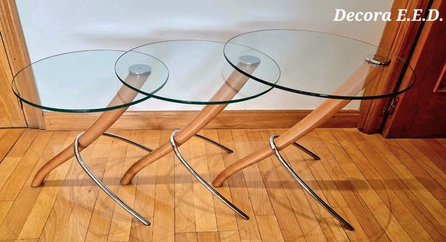 JUEGO 3 MESAS NIDO, LUNA CRISTAL, ACERO Y MADERA