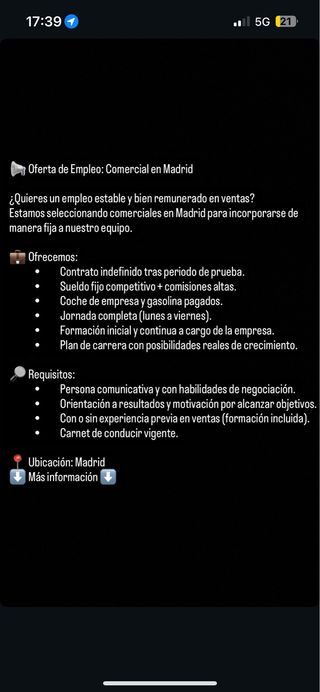 OFERTA DE TRABAJO COMERCIAL EN MADRID