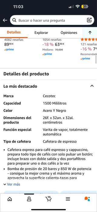Cafetera Cecotec  Espresso 20 más moledor de CAFÉ