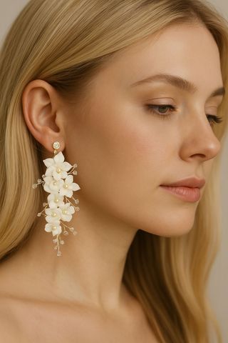 Pendientes Flor Porcelana Oro Blanco