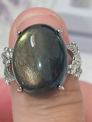 Anillo Plata 925 Ajustable Obsidiana Dorada