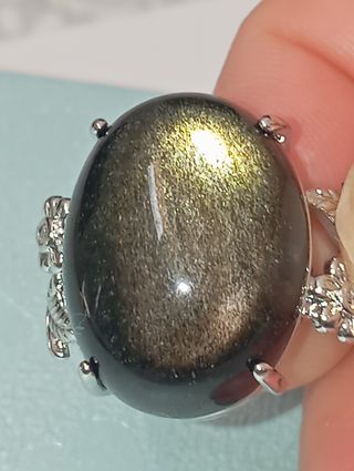 Anillo Plata 925 Ajustable Obsidiana Dorada