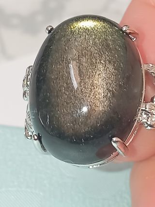 Anillo Plata 925 Ajustable Obsidiana Dorada