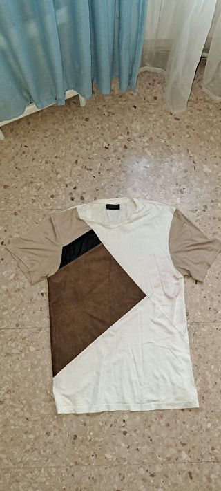 Camiseta Zara Hombre Beige Marrón Blanco