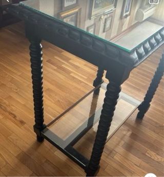 Mesa auxiliar antigua de cristal y madera