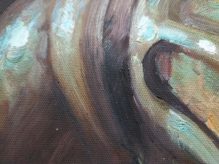 Pintura al óleo de perro con gramófono.