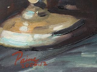 Pintura al óleo de perro con gramófono.