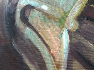 Pintura al óleo de perro con gramófono.