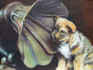 Pintura al óleo de perro con gramófono.