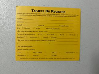 Tarjetas de Registro Virgin Interactive Videojuego