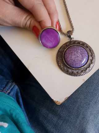 Conjunto Anillo y Colgante Morado y Plateado