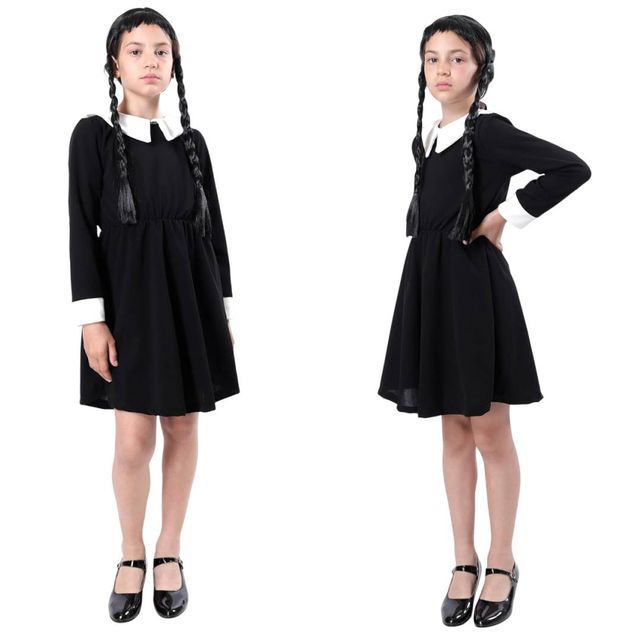 Vestido Merlina Addams Mano Latex Niña 4 a 14 Años