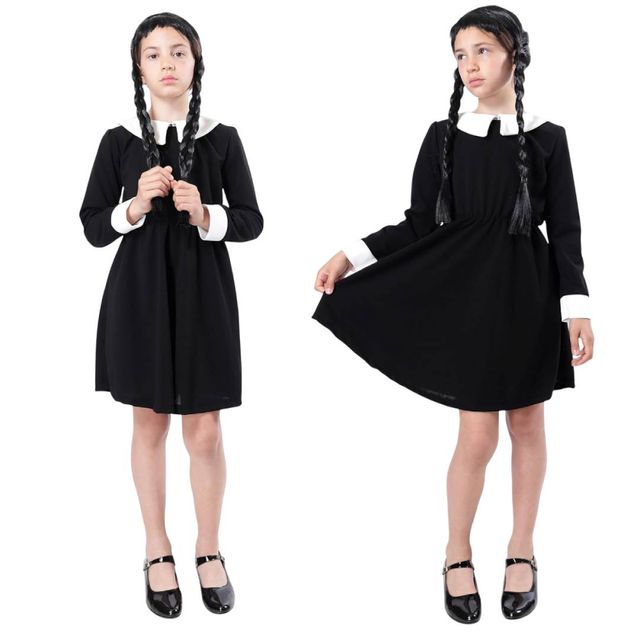 Vestido Merlina Addams Mano Latex Niña 4 a 14 Años