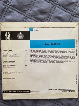Disco Vinilo 45 RPM Juan Bautista HH17-343