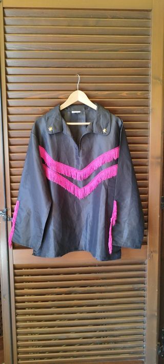 Camicia donna  vintage nera con frange rosa tg 50