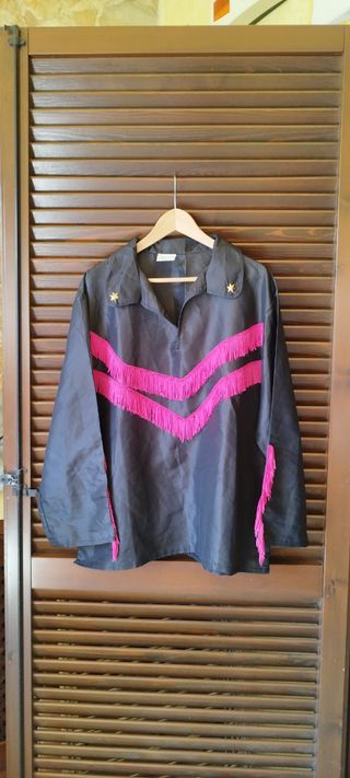 Camicia donna  vintage nera con frange rosa tg 50