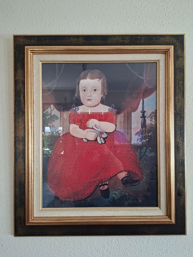 Pintura antigua niña con conejo