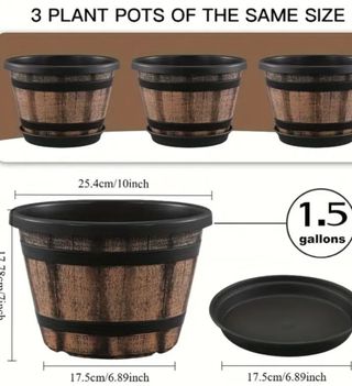 3 vasi in plastica marrone/neri a forma di botte