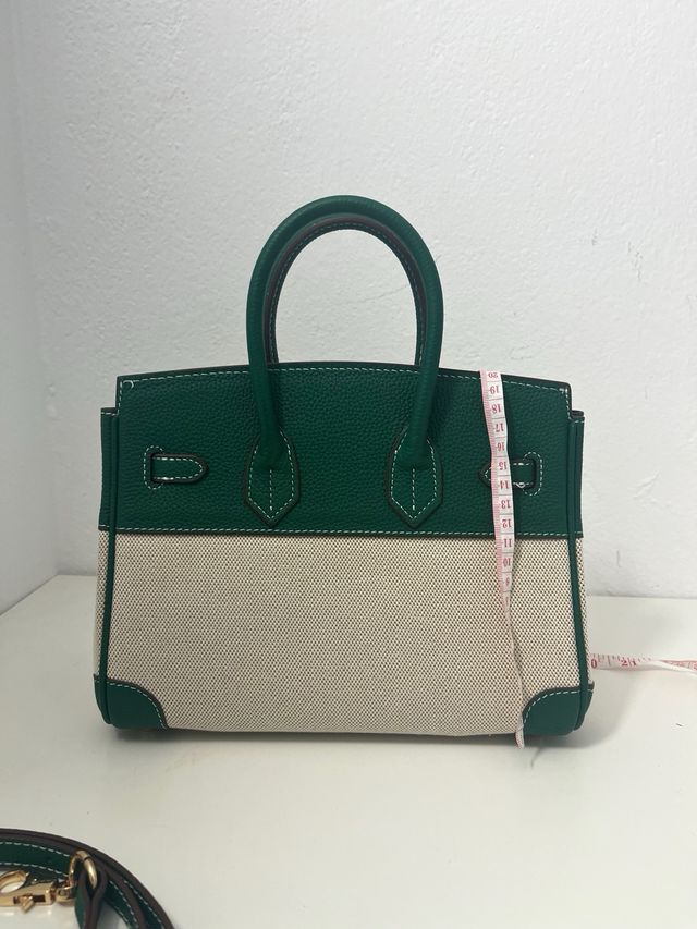 Bolso de piel y lona verde y beige