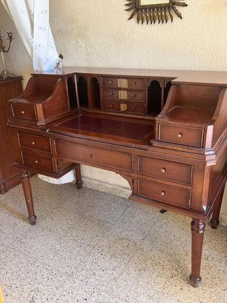 Escritorio Bureu Antiguo Madera y Piel