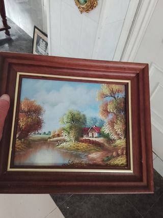 Cuadro paisaje con casa y río