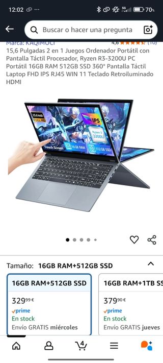 Portátil  15.6, 2 en 1,Ryzen 3 16GB RAM