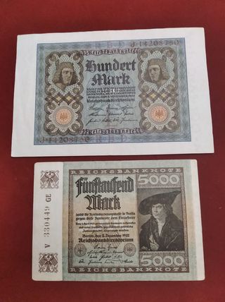 Billetes alemanes antiguos 100 y 5000 Mark