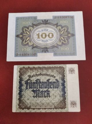 Billetes alemanes antiguos 100 y 5000 Mark