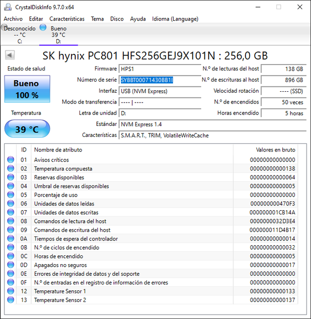 SSD NVMe SK hynix 256GB(NUEVAS)