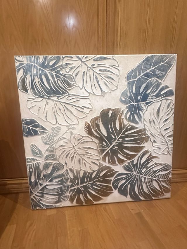 Cuadro Hojas Monstera Beige, Dorado y Gris