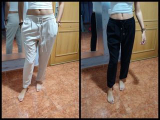 Pantalones finos beige y negros