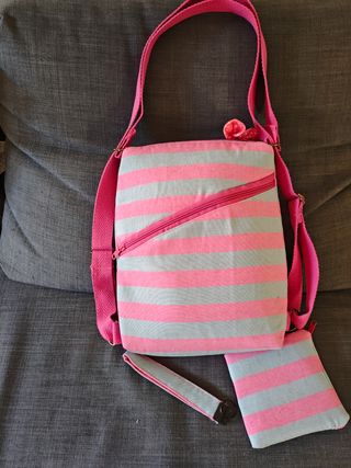 Bolso mochila rayas rosa y gris